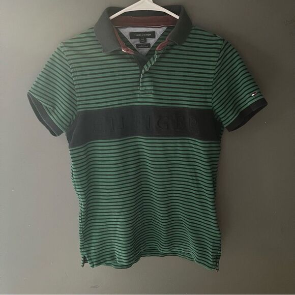 Tommy Hilfiger Men's Slim Fit Essential Stripe Polo Green and Blue - Picture 2 of 6